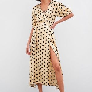 Zara Polka Dot Puff Sleeve Midi Wrap Dress Gold M